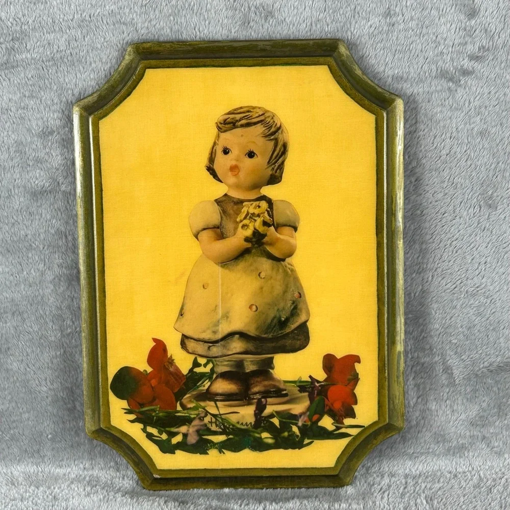 Vintage Hummel Style Wooden Wall Plaque Girl with Flowers 1974 Decor 11.5x8.25